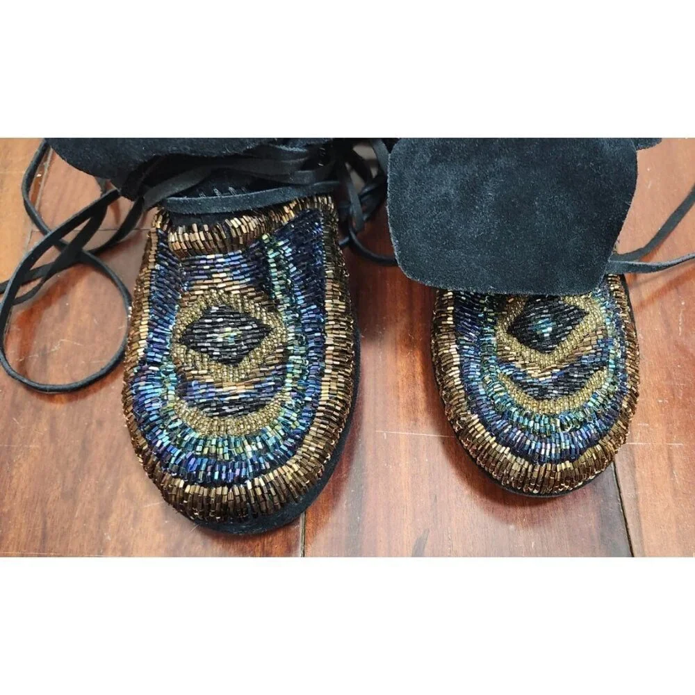 House of Harlow 1960 Beaded Suede Lace-Up Moccasin Boots Black Gold Boho Festiva